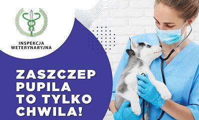 Plakat promujący szczepienia zwierząt przeciwko wściekliźnie - zaszczep pupila to tylko chwila. Obok weterynarz trzymający psa na rękach.