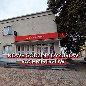 Grafika przedstawia placówkę Poczty Polskiej. Na grafice widnieje również napis "Nowe godziny dyżurów rachmistrzów".