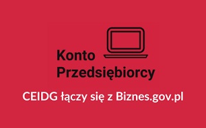 Logo biznes.gov.pl przedstawiające komputer. Pod nim biały napis: CEIDG łączy się z biznes.gov.pl CEIDG 