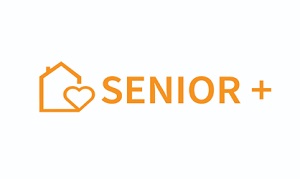 Logo programu "Senior+" pomarańczowy napis na białym tle.