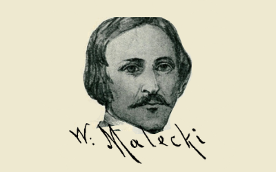 Szkic z podobizną Władysława Maleckiego na żółtym tle, na dole jego podpis