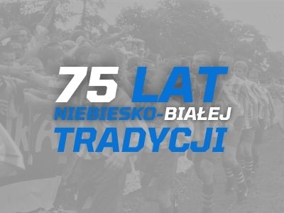 Na grafice znajdują się piłkarze Szydłowianki Szydłowiec. Na grafice widnieje napis "75 lat niebiesko-białej tradycji".