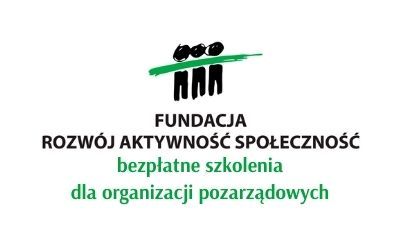 Napis na białym tle: Fundacja Rozwój Aktywność Społeczność, bezpłatne szkolenia dla organizacji pozarządowych.