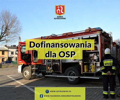 Grafika przedstawia strażaka oraz wóz strażacki. Na grafice widnieje napis "Dofinansowania dla OSP".